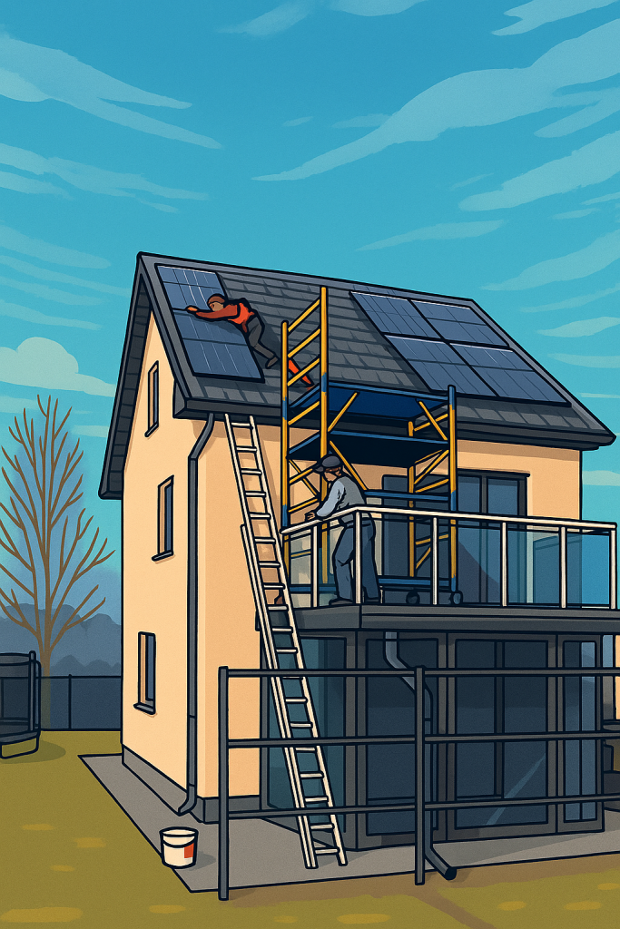 a man on a roof of a house