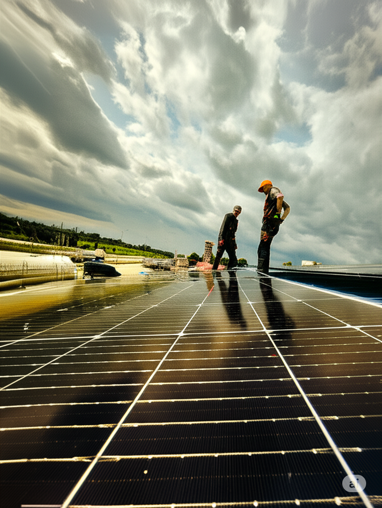 a couple of men standing on a solar panel